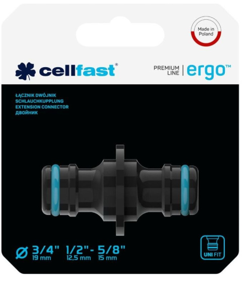 Łącznik dwójnik 1/2 i 3/4 ERGO Cellfast do połączen dwóch końców węża Łącznik dwójnik 1/2 i 3/4 ERGO Cellfast do połączen dwóch końców węża