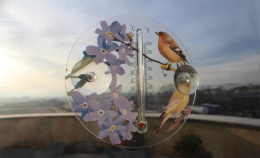 Termometr Zewnętrzny Dekoracyjny Okrągły Transparentny Przyssawki Ptaki i Kwiaty Fioletowe 16,5cm MAK6293 GardenLine