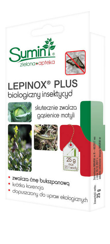 Lepinox Plus 25g Środek Do Zwalczania Ćmy Bukszpanowej i Gąsenic Motyli w Uprawach Roślin Sumin Lepinox Plus 25g Środek Do Zwalczania Ćmy Bukszpanowej i Gąsenic Motyli w Uprawach Roślin Sumin