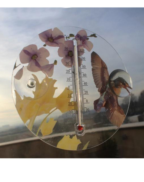 Termometr Zewnętrzny Dekoracyjny Okrągły Transparentny Przyssawki Ptaki i Kwiaty Żółte 16,5cm MAK6309 GardenLine