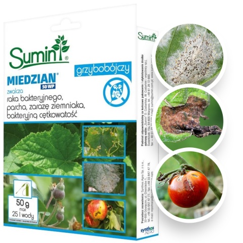Miedzian 50 WP 50g Fungicyd Środek Grzybobójczy Do Zwalczania Chorób Grzybowych w Uprawach Roślin Sumin
