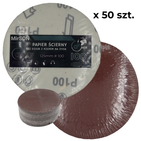 Papier ścierny do szlifierki na rzep bez otworów 125 mm P100 Mirson 50 sztuk