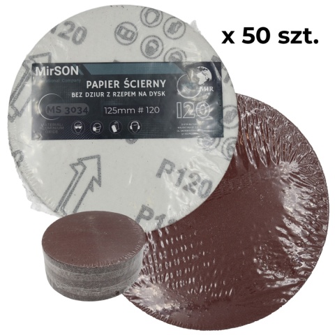 Papier ścierny do szlifierki na rzep bez otworów 125 mm P120 Mirson 50 sztuk
