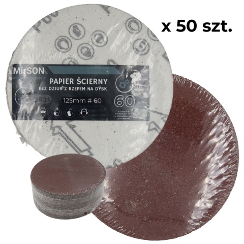 Papier ścierny do szlifierki na rzep bez otworów 125 mm P60 Mirson 50 sztuk