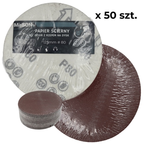 Papier ścierny do szlifierki na rzep bez otworów 125 mm P80 Mirson 50 sztuk