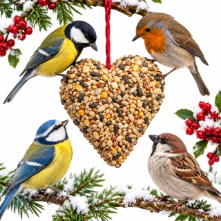 Karma Dla Ptaków Zawieszka Serce Mix Ziaren i Tłuszcz 320g Happy Birds