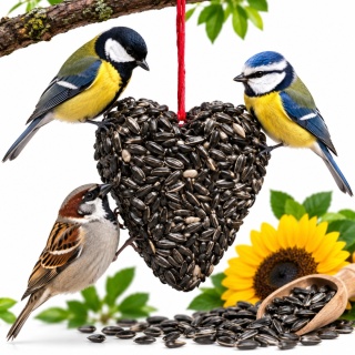 Karma Dla Ptaków Zawieszka Serce Słonecznik Czarny i Tłuszcz 200g Happy Birds