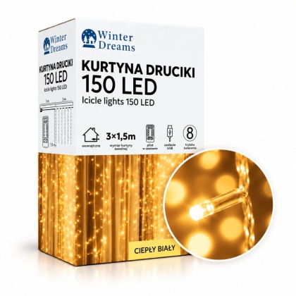 Kurtyna Świetlna 150 LED Ciepła Biel 3 × 1,5 m Winter Dreams